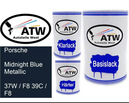 Porsche, Midnight Blue Metallic, 37W / F8 39C / F8: 500ml Lackdose + 500ml Klarlack + 250ml Härter - Set, von ATW Autoteile West.
